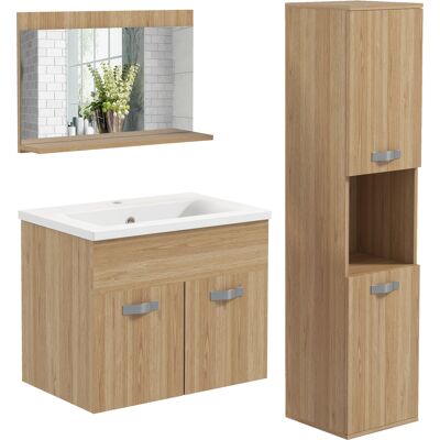 JHY DESIGN Juego De Muebles De Baño De 4 Piezas, De Montaje En Pared, Con Espejo, Mueble De Tocador, Lavabo Y Armario Alto, Color Natural. JHY DESIGN Juego De Muebles De Baño De 4 Piezas, De Montaje En Pared, Con Espejo, Mueble De Tocador, Lavabo Y Armario Alto, Color Natural.