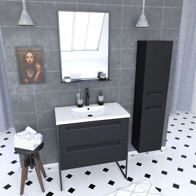 AURLANE Pack Mueble De Baño 80x50cm Negro -2 Cajones -lavabo Blanco -espejo-columna AURLANE Pack Mueble De Baño 80x50cm Negro -2 Cajones -lavabo Blanco -espejo-columna