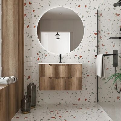 Mueble de baño AURLANE 80cm Madera - Cajones Ondulados - Lavabo Empotrado Blanco Mueble de baño AURLANE 80cm Madera - Cajones Ondulados - Lavabo Empotrado Blanco