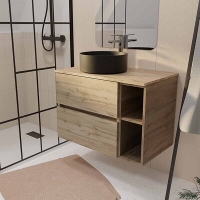 Aurlane - Mueble de baño 80 cm Roble 2 Cajones y 2 Estantes - Encimera y Lavabo Negro Aurlane - Mueble de baño 80 cm Roble 2 Cajones y 2 Estantes - Encimera y Lavabo Negro