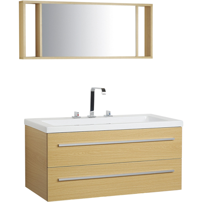 BELIANI Mueble De Baño Moderno Beige Y Plateado Con Espejo 2 Cajones Lavabo Almeria BELIANI Mueble De Baño Moderno Beige Y Plateado Con Espejo 2 Cajones Lavabo Almeria