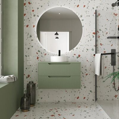 Aurlane - Mueble de Baño 80cm Verde Oliva - Cajones Ondulados - Lavabo Redondo Ø36cm Aurlane - Mueble de Baño 80cm Verde Oliva - Cajones Ondulados - Lavabo Redondo Ø36cm