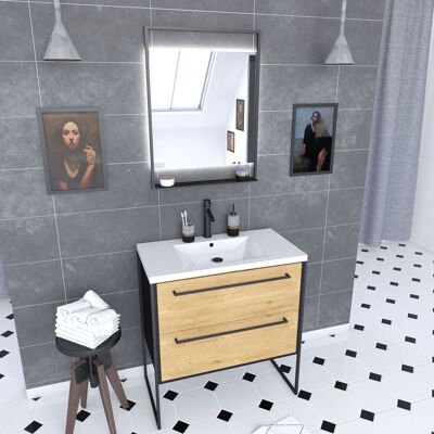 Aurlane - Mueble De Baño 80, Lavabo Blanco Resina, Espejo Led - Acabado Roble Negro - Structura Aurlane - Mueble De Baño 80, Lavabo Blanco Resina, Espejo Led - Acabado Roble Negro - Structura