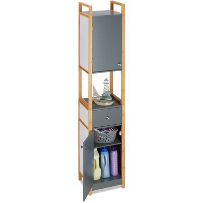 Relaxdays - Estantería Alta De Baño, Armario Con Dos Puertas, Mdf, Marco De Bambú, Gris, 165 X 31,5 X 29 Cm Relaxdays - Estantería Alta De Baño, Armario Con Dos Puertas, Mdf, Marco De Bambú, Gris, 165 X 31,5 X 29 Cm