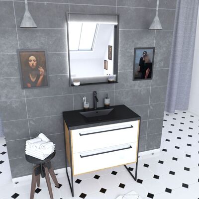 Aurlane - Mueble De Baño 80x50cm - Lavabo Negro 80x50cm - 2 Cajones - Espejo Led Aurlane - Mueble De Baño 80x50cm - Lavabo Negro 80x50cm - 2 Cajones - Espejo Led