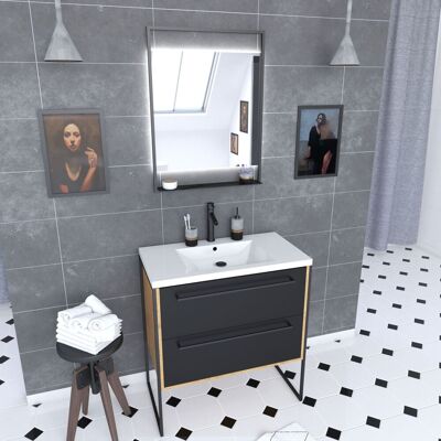 Aurlane - Mueble De Baño 80x50cm - Lavabo Blanco 80x50cm - Cajones Negro + Espejo Led Aurlane - Mueble De Baño 80x50cm - Lavabo Blanco 80x50cm - Cajones Negro + Espejo Led