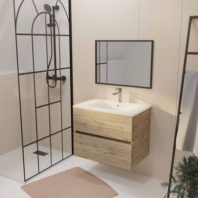 Aurlane - 70 Roble Decorado - 2 Cajones - Lavabo Cerámica Blanca - Espejo 70x50 Aurlane - 70 Roble Decorado - 2 Cajones - Lavabo Cerámica Blanca - Espejo 70x50