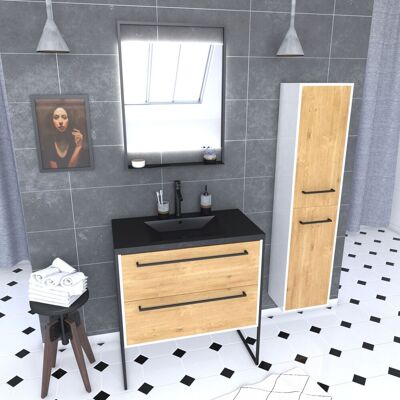 AURLANE Mueble De Baño 80 Cm, Lavabo Negro, Espejo Led Y Columna - Blanco Y Roble AURLANE Mueble De Baño 80 Cm, Lavabo Negro, Espejo Led Y Columna - Blanco Y Roble