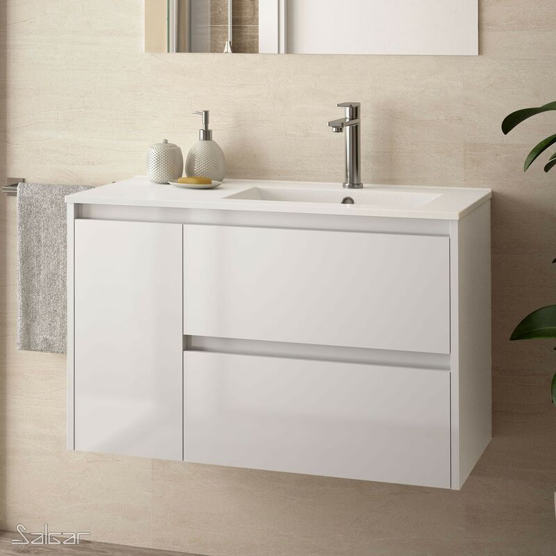 Salgar - Mueble de baño noja 85 cm 1 puerta izquierda blanco brillo+ Lavabo - Blanco brillo
