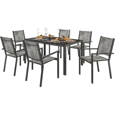 JHY DESIGN Tavolo Da Giardino Per Esterni Con 6 Sedie Impilabili, Piano A Doghe Da 150 Cm, Struttura In Acciaio Inossidabile, Colore Nero. JHY DESIGN Tavolo Da Giardino Per Esterni Con 6 Sedie Impilabili, Piano A Doghe Da 150 Cm, Struttura In Acciaio Inossidabile, Colore Nero.