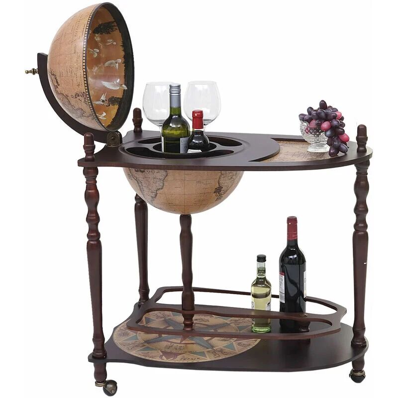 Globe bar con mesa HHG-7265, Minibar casa bar mesa bar, Globe enrollable madera de eucalipto MVG-certificado - brown