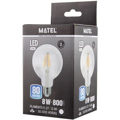 Matel - Bombilla Led Filamento Globo G80 Clara E27 8w Fría Matel - Bombilla Led Filamento Globo G80 Clara E27 8w Fría