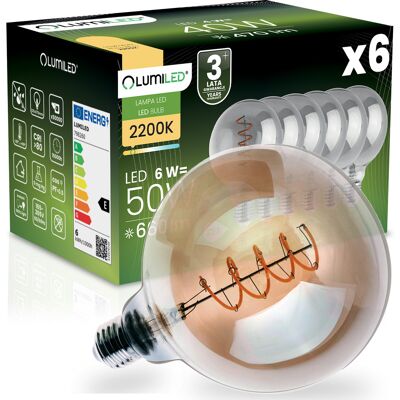 OEM 6 Bombillas Led E27 Esféricas G125 De 6w = 50w, 660lm, 2200k, Cálidas, 360°, Filamento Ahumado Lumiled OEM 6 Bombillas Led E27 Esféricas G125 De 6w = 50w, 660lm, 2200k, Cálidas, 360°, Filamento Ahumado Lumiled