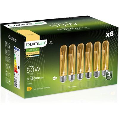 OEM 6 Bombillas Led Tubulares E27 T30 De 6w = 50w, 660lm, 2000k, Luz Cálida, Ámbar, 360°, Filamento Lumiled OEM 6 Bombillas Led Tubulares E27 T30 De 6w = 50w, 660lm, 2000k, Luz Cálida, Ámbar, 360°, Filamento Lumiled