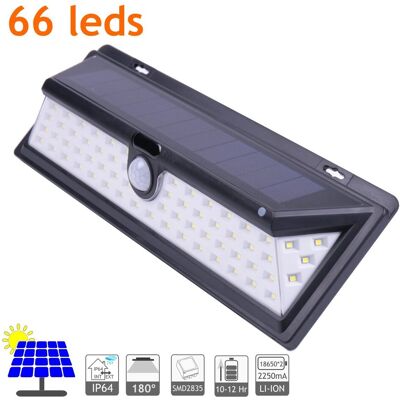 Aplique Solar Led Exterior Ip64, 65 Leds 800 Lúmenes. ¡ngulo Detección 120º Batería Li-ion 2500ma, Sensor De Movimiento, 3 Modos De Iluminación. Duración Hasta 12 Horas En Carga Total. - Jandei Aplique Solar Led Exterior Ip64, 65 Leds 800 Lúmenes. ¡ngulo Detección 120º Batería Li-ion 2500ma, Sensor De Movimiento, 3 Modos De Iluminación. Duración Hasta 12 Horas En Carga Total. - Jandei