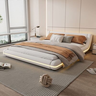JHY DESIGN (=wx000540aak) Cama Plana De 160 X 200 Cm, Cama A Ras De Suelo, Pu, Iluminación Ambiental Led, Blanca JHY DESIGN (=wx000540aak) Cama Plana De 160 X 200 Cm, Cama A Ras De Suelo, Pu, Iluminación Ambiental Led, Blanca