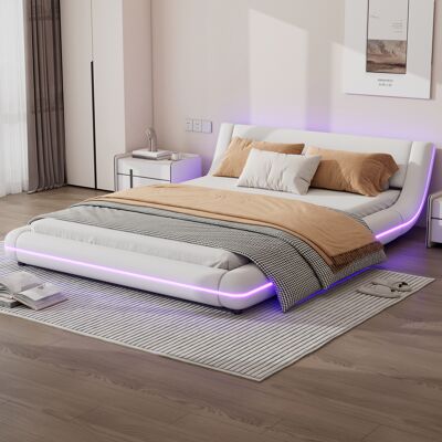 JHY DESIGN (=wx000539aak) Cama Plana De 140 X 200 Cm, Cama A Ras De Suelo, Pu, Iluminación Ambiental Led, Blanca JHY DESIGN (=wx000539aak) Cama Plana De 140 X 200 Cm, Cama A Ras De Suelo, Pu, Iluminación Ambiental Led, Blanca