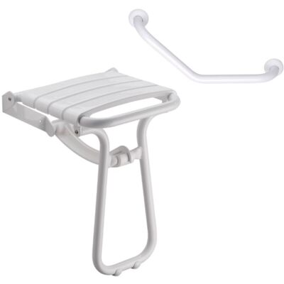 Bristol - Asiento de ducha para PMR Essential confort plegable + Barra de apoyo angular para PMR Essential confort 135° - Listones blancos Bristol - Asiento de ducha para PMR Essential confort plegable + Barra de apoyo angular para PMR Essential confort 135° - Listones blancos