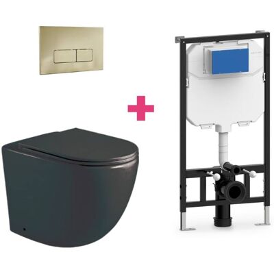 AQUORE Pack Inodoro Suspendido Cerámica Genova Negro Mate Con Cisterna Y Pulsador Dorado Rectangular AQUORE Pack Inodoro Suspendido Cerámica Genova Negro Mate Con Cisterna Y Pulsador Dorado Rectangular
