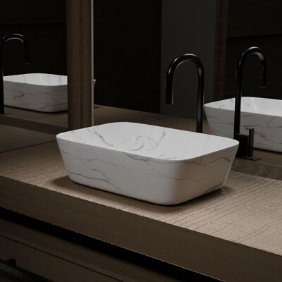 AURLANE Encimera Rectangular de Cerámica Blanca Mármol - Lavabo para Baño AURLANE Encimera Rectangular de Cerámica Blanca Mármol - Lavabo para Baño