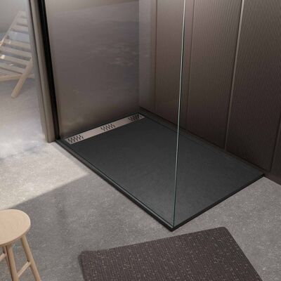 AURLANE Plato De Ducha Negro Efecto Granito 80x140x3cm + Rejilla Cromada AURLANE Plato De Ducha Negro Efecto Granito 80x140x3cm + Rejilla Cromada