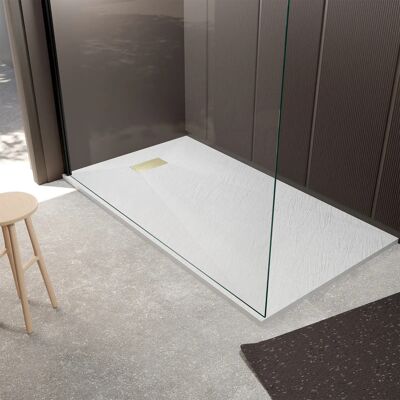 Aurlane - Plato de Ducha Blanco Efecto Piedra 90x160 y Rejilla de Acero Perforado Oro Cepillado Aurlane - Plato de Ducha Blanco Efecto Piedra 90x160 y Rejilla de Acero Perforado Oro Cepillado