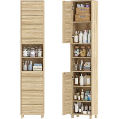 Homcom Armario De Baño Alto Y Estrecho Con Estantes Ajustables, Puertas De Lamas, Apertura Por Presión, Estantes Abiertos, 34x23x170 Cm, Natural Homcom Armario De Baño Alto Y Estrecho Con Estantes Ajustables, Puertas De Lamas, Apertura Por Presión, Estantes Abiertos, 34x23x170 Cm, Natural