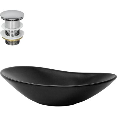 Luxebath - Ml-design Lavabo Redondo 63 X 36 X 15,5 Cm Negro De Cerámica Mate Fregadero Para Pared O Sobre Encimera Con Juego De Desagüe Cromado Lavamanos De Diseño Moderno Pila Para Mueble De Baño / Aseo / Wc Luxebath - Ml-design Lavabo Redondo 63 X 36 X 15,5 Cm Negro De Cerámica Mate Fregadero Para Pared O Sobre Encimera Con Juego De Desagüe Cromado Lavamanos De Diseño Moderno Pila Para Mueble De Baño / Aseo / Wc