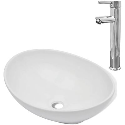 Helloshop26 - Lavabo De Baño Con Grifo Mezclador Cerámico Ovalado Blanco 020002843 Helloshop26 - Lavabo De Baño Con Grifo Mezclador Cerámico Ovalado Blanco 020002843