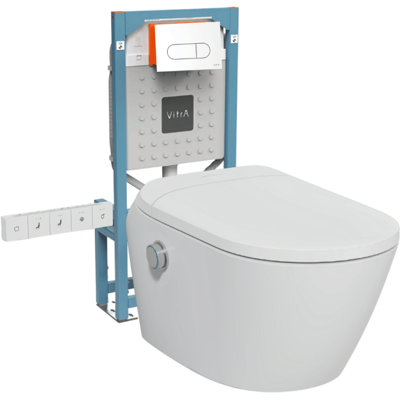 Conjunto De Inodoro Suspendido Sin Borde Con Sistema De Bidé Integrado, Asiento Y Conexiones Eléctricas, Vitra V-care Ultra Blanco + Marco Autoportante V-fix Easy + Placa De Descarga Blanca Conjunto De Inodoro Suspendido Sin Borde Con Sistema De Bidé Integrado, Asiento Y Conexiones Eléctricas, Vitra V-care Ultra Blanco + Marco Autoportante V-fix Easy + Placa De Descarga Blanca