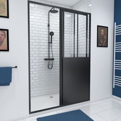Aurlane - Mampara Ducha - 140x200cm - Reversible - Negro Mate - Cristal Templado Aurlane - Mampara Ducha - 140x200cm - Reversible - Negro Mate - Cristal Templado