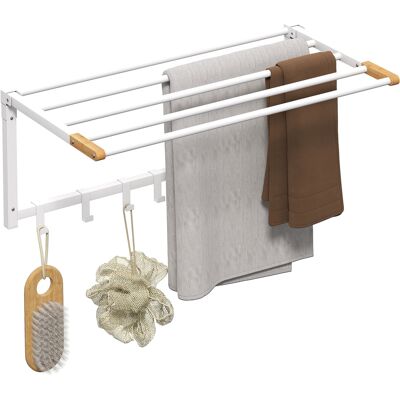 JHY DESIGN Toallero Plegable De Pared Con 5 Barras Y 6 Ganchos, Fabricado En Madera Y Acero, 60 X 32,5 X 20 Cm, Blanco. JHY DESIGN Toallero Plegable De Pared Con 5 Barras Y 6 Ganchos, Fabricado En Madera Y Acero, 60 X 32,5 X 20 Cm, Blanco.