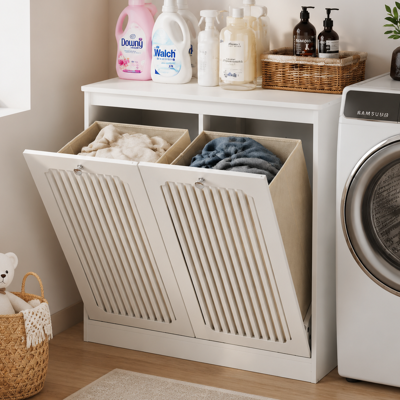 JHY DESIGN Armario Para Ropa Blanca Con Frontal De Listones Y Tapa Abatible, Armario Para Ropa Blanca Del Hogar Con Dos Compartimentos De Tela, Armario Independiente Para Balcón Y Baño, Blanco. JHY DESIGN Armario Para Ropa Blanca Con Frontal De Listones Y Tapa Abatible, Armario Para Ropa Blanca Del Hogar Con Dos Compartimentos De Tela, Armario Independiente Para Balcón Y Baño, Blanco.
