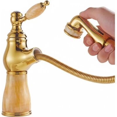 ABYSSE Grifo Monomando Para Lavabo De Encimera Con Cabezal Rociador Extraíble, Agua Fría Y Caliente (amarillo, Dorado A Corto) ABYSSE Grifo Monomando Para Lavabo De Encimera Con Cabezal Rociador Extraíble, Agua Fría Y Caliente (amarillo, Dorado A Corto)