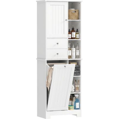 JHY DESIGN Armario De Baño Estrecho Con 6 Compartimentos Abiertos, Cesta Para La Ropa Sucia, 2 Cajones Y Puerta Con Cierre Suave, Color Blanco. JHY DESIGN Armario De Baño Estrecho Con 6 Compartimentos Abiertos, Cesta Para La Ropa Sucia, 2 Cajones Y Puerta Con Cierre Suave, Color Blanco.