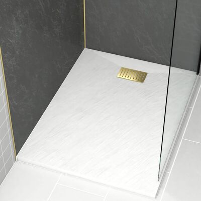 AURLANE Plato Ducha Blanco Efecto Piedra 90x120cm Y Rejilla Patrón Lineal Oro AURLANE Plato Ducha Blanco Efecto Piedra 90x120cm Y Rejilla Patrón Lineal Oro