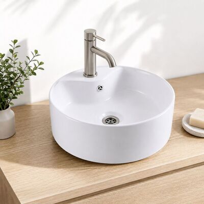 Relaxdays Lavabo Redondo Sobre Encimera, 14,5 X 41 Cm, Con Orificio Grifo Y Rebosadero, Cerámica, Efecto Loto, Blanco Relaxdays Lavabo Redondo Sobre Encimera, 14,5 X 41 Cm, Con Orificio Grifo Y Rebosadero, Cerámica, Efecto Loto, Blanco