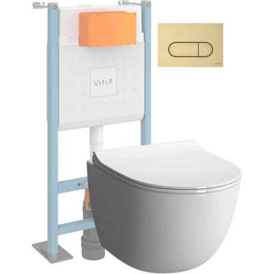 Conjunto De Inodoro Suspendido Vitra Sento En Blanco Brillante + Marco Autoportante V-fix Core + Placa De Descarga Redonda En Oro Cepillado Conjunto De Inodoro Suspendido Vitra Sento En Blanco Brillante + Marco Autoportante V-fix Core + Placa De Descarga Redonda En Oro Cepillado