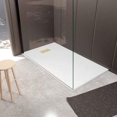 Aurlane - Plato de Ducha Blanco Efecto Piedra 80x140cm con Rejilla de Acero Inoxidable Perforada Oro Cepillado - Rock 2 Aurlane - Plato de Ducha Blanco Efecto Piedra 80x140cm con Rejilla de Acero Inoxidable Perforada Oro Cepillado - Rock 2