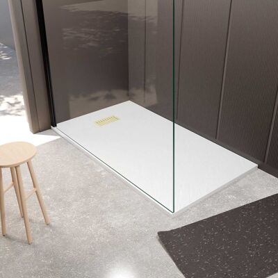 AURLANE Bandeja de ducha efecto piedra blanca 80x140cm con rejilla dorada - Set de ducha AURLANE Bandeja de ducha efecto piedra blanca 80x140cm con rejilla dorada - Set de ducha