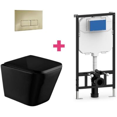 AQUORE Pack Inodoro Suspendido Cerámica Pisa Negro Mate Con Cisterna Y Pulsador Dorado Rectangular AQUORE Pack Inodoro Suspendido Cerámica Pisa Negro Mate Con Cisterna Y Pulsador Dorado Rectangular