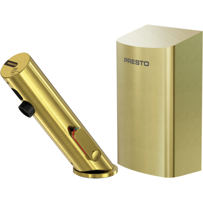 Grifo Mezclador Infrarrojo Con Llave De Paso + Secador De Manos Presto Linea, Dorado Cepillado Grifo Mezclador Infrarrojo Con Llave De Paso + Secador De Manos Presto Linea, Dorado Cepillado