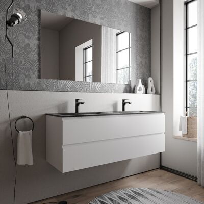 Bernstein - Mueble Lavabo Doble Suspendido Mdf Blanco Mate, 2 Lavabos Fundición Negro Mate + Orificios Grifería 140x46x50cm - Ava Brussels Blanco Mate, Negro Mate Con Orificio Para Grifo. Bernstein - Mueble Lavabo Doble Suspendido Mdf Blanco Mate, 2 Lavabos Fundición Negro Mate + Orificios Grifería 140x46x50cm - Ava Brussels Blanco Mate, Negro Mate Con Orificio Para Grifo.