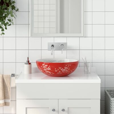 vidaXL Lavabo redondo de cerámica blanca y roja - Encimera de baño vidaXL Lavabo redondo de cerámica blanca y roja - Encimera de baño