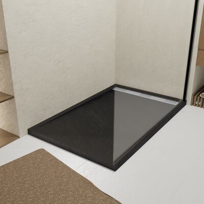 Aurlane - Plato de Ducha Negro Efecto Piedra 80x120cm - Rejilla Lineal Cromada Aurlane - Plato de Ducha Negro Efecto Piedra 80x120cm - Rejilla Lineal Cromada