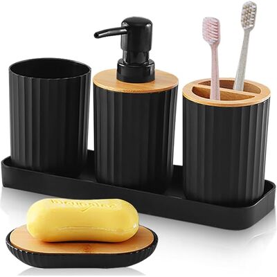 OEM Juego De 5 Accesorios De Baño De Plástico Negro Que Incluye Dispensador De Jabón, Portacepillos De Dientes, Vaso Y Jabonera. OEM Juego De 5 Accesorios De Baño De Plástico Negro Que Incluye Dispensador De Jabón, Portacepillos De Dientes, Vaso Y Jabonera.