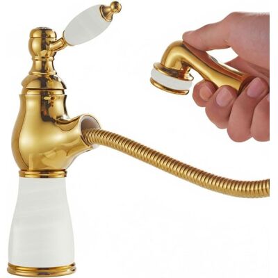 ABYSSE Grifo Monomando Para Lavabo De Encimera Con Cabezal Rociador Extraíble, Agua Fría Y Caliente (blanco, Dorado A Corto) ABYSSE Grifo Monomando Para Lavabo De Encimera Con Cabezal Rociador Extraíble, Agua Fría Y Caliente (blanco, Dorado A Corto)