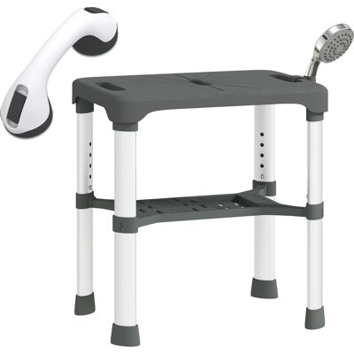 JHY DESIGN Taburete De Ducha De Altura Regulable Con Estante Integrado Y Barra De Apoyo Con Ventosa Para Personas Mayores Y Discapacitadas, Color Gris. JHY DESIGN Taburete De Ducha De Altura Regulable Con Estante Integrado Y Barra De Apoyo Con Ventosa Para Personas Mayores Y Discapacitadas, Color Gris.