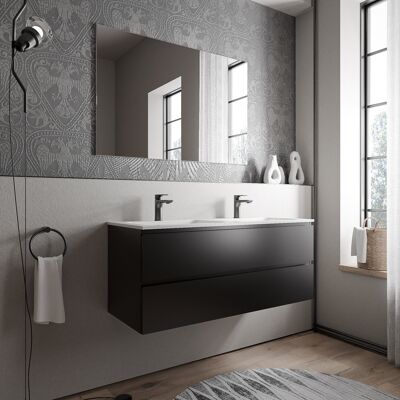 Bernstein - Mueble Lavabo Doble Suspendido Mdf Negro Mate, 2 Lavabos Fundición Blanco Mate + Orificios Grifería 120x46x50cm - Ava Brussels Negro Mate, Blanco Mate Con Orificio Para Grifo. Bernstein - Mueble Lavabo Doble Suspendido Mdf Negro Mate, 2 Lavabos Fundición Blanco Mate + Orificios Grifería 120x46x50cm - Ava Brussels Negro Mate, Blanco Mate Con Orificio Para Grifo.