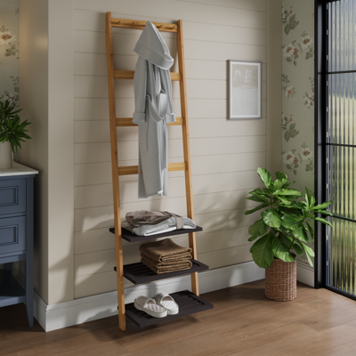JHY DESIGN Toallero De Bambú, Escalera Decorativa Para Toallas, Perchero, Perchero De Baño Independiente Con 3 Estantes, 4 Barras Y 5 Ganchos, Natural JHY DESIGN Toallero De Bambú, Escalera Decorativa Para Toallas, Perchero, Perchero De Baño Independiente Con 3 Estantes, 4 Barras Y 5 Ganchos, Natural